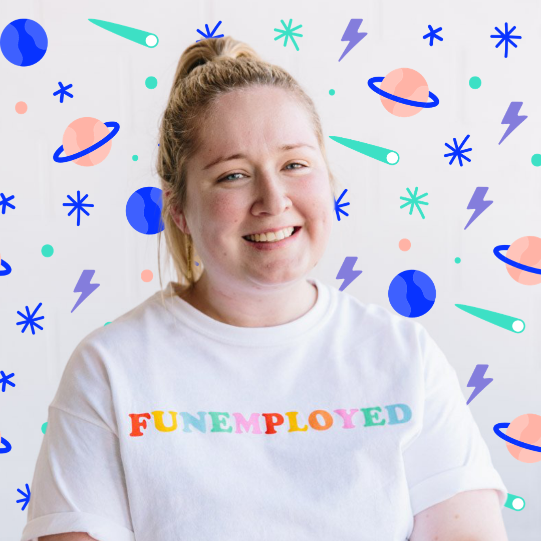 Aliplanets Ali smiling wearing funemployed t-shirt